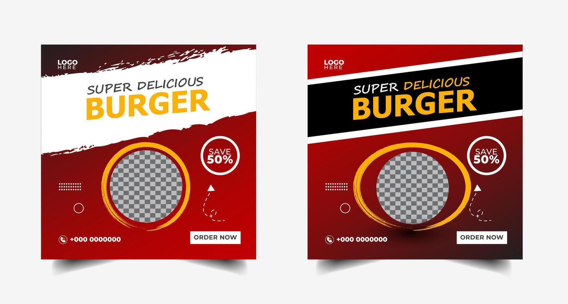 Food social media banner design template. Burger social media post banner. delicious fast food burger social media marketing banner Square size. vector