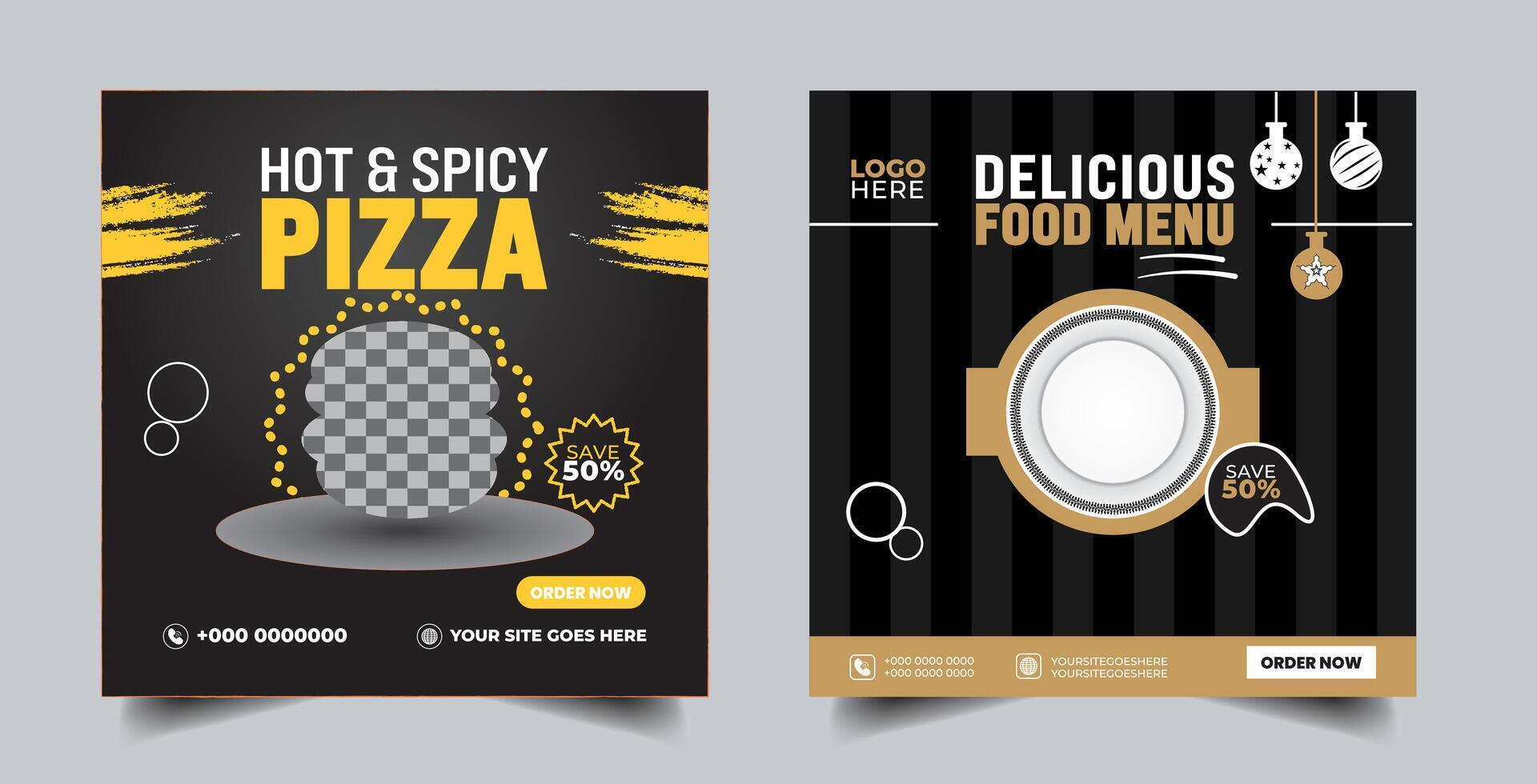 Food social media banner design template. Burger social media post banner. delicious fast food burger pizza social media marketing banner Square size. vector