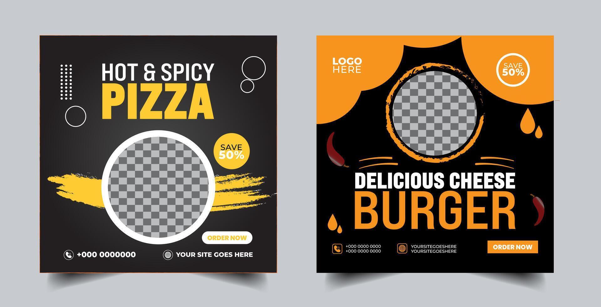 Food social media banner design template. Burger social media post banner. delicious fast food burger pizza social media marketing banner Square size. vector