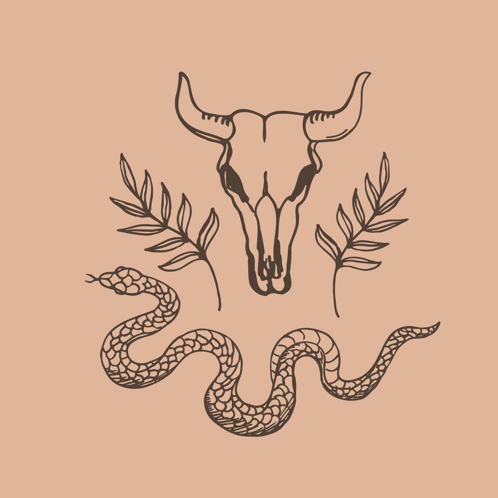 Mystical symbol with an animal skull, plant branches, snake. Hand drawn illustration, decorative pattern for card, poster, print, paper, icon, flyer. Wild west motif, magical sign, lifestyle vector