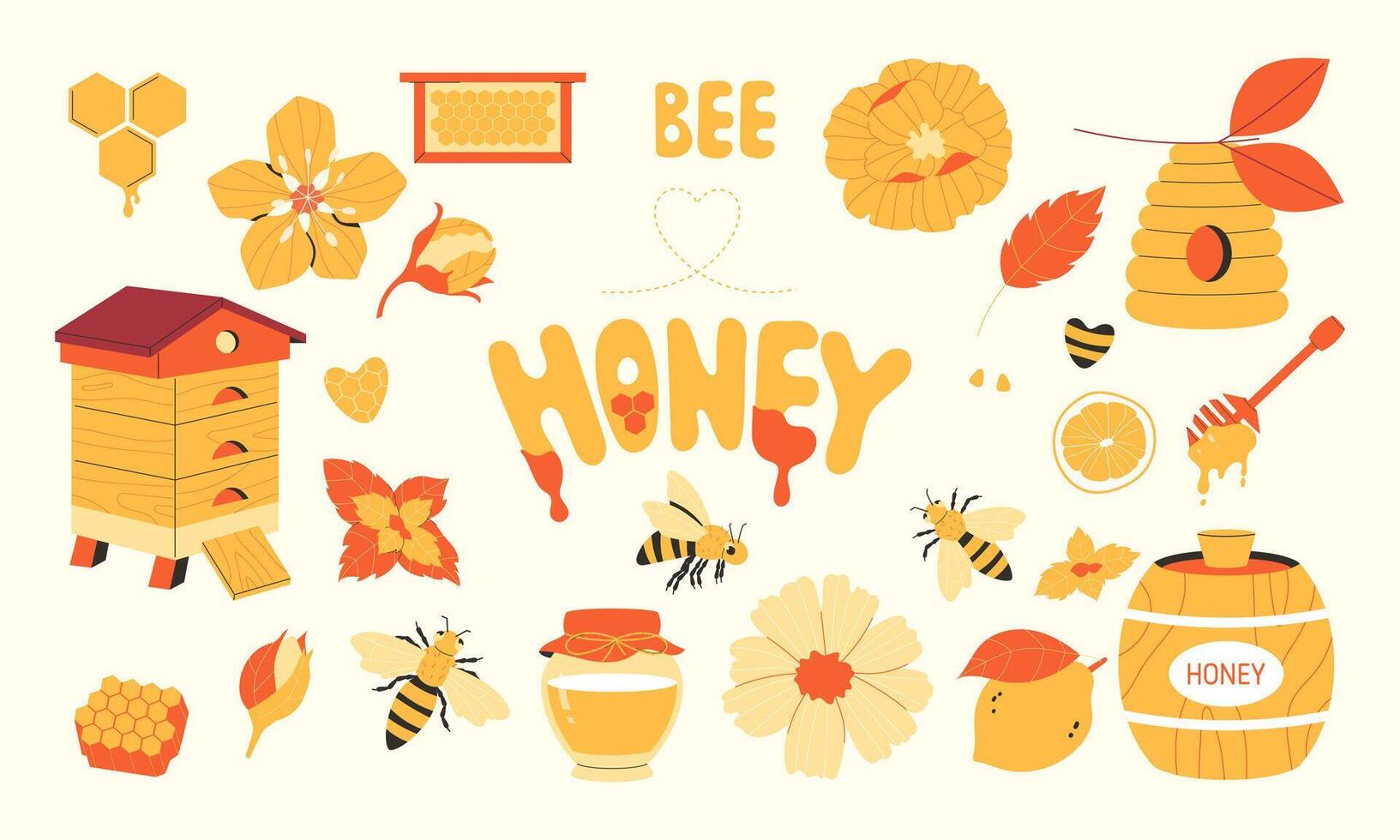 Beekeeping set of hand drawn elements. Honey, hive, apiary, bees, honeycombs vector