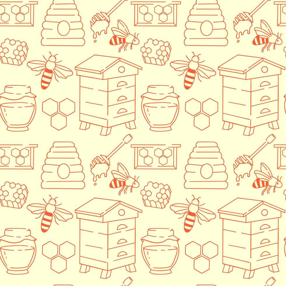 beekeeping outline seamless pattern on light background. Honey background vector