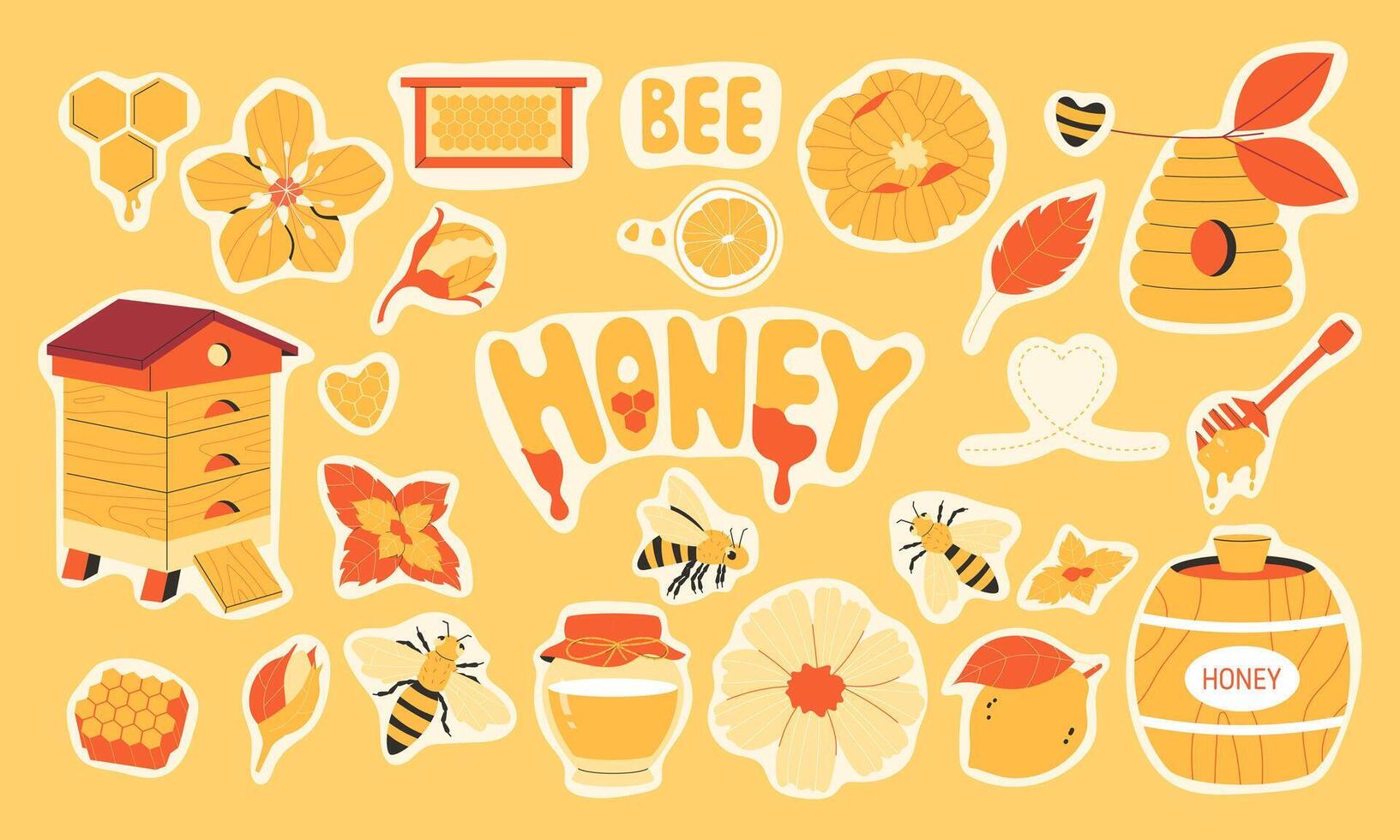 Honey stickers set. Hand drawn honey, honeycomb, bees, apiary vector