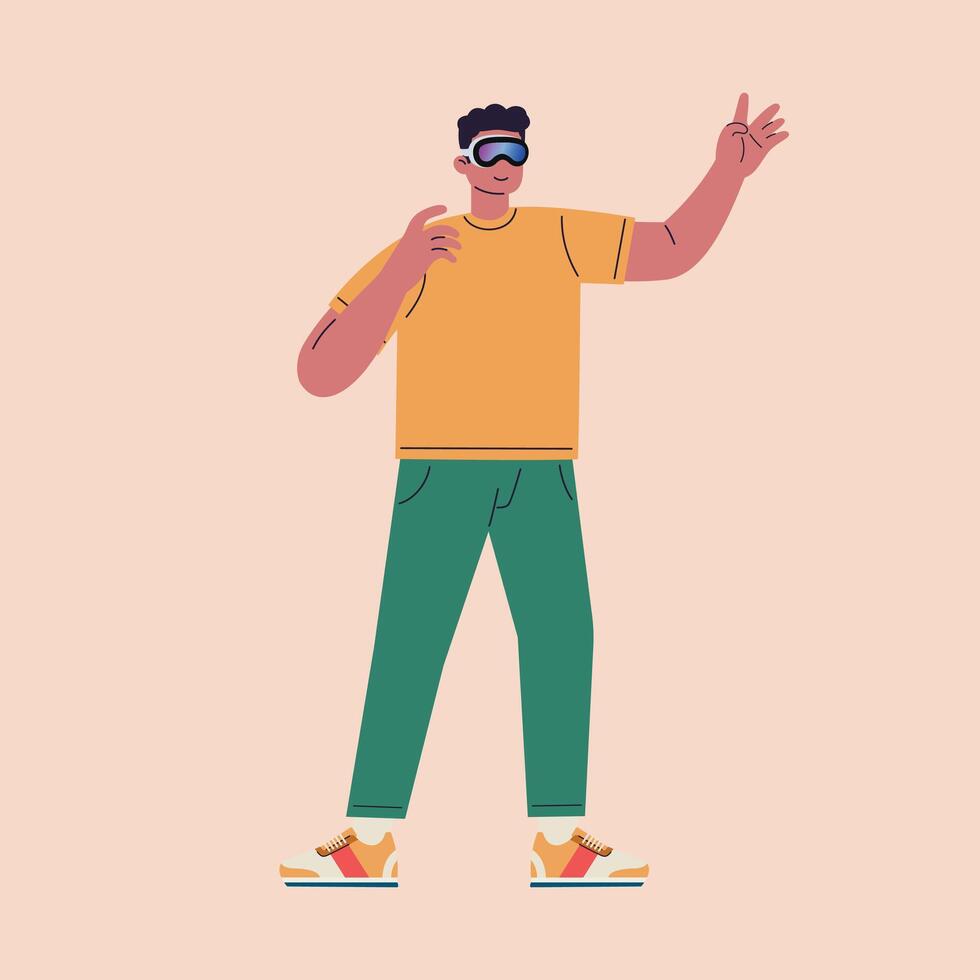 flat design man wearing virtual reality device illustration vector