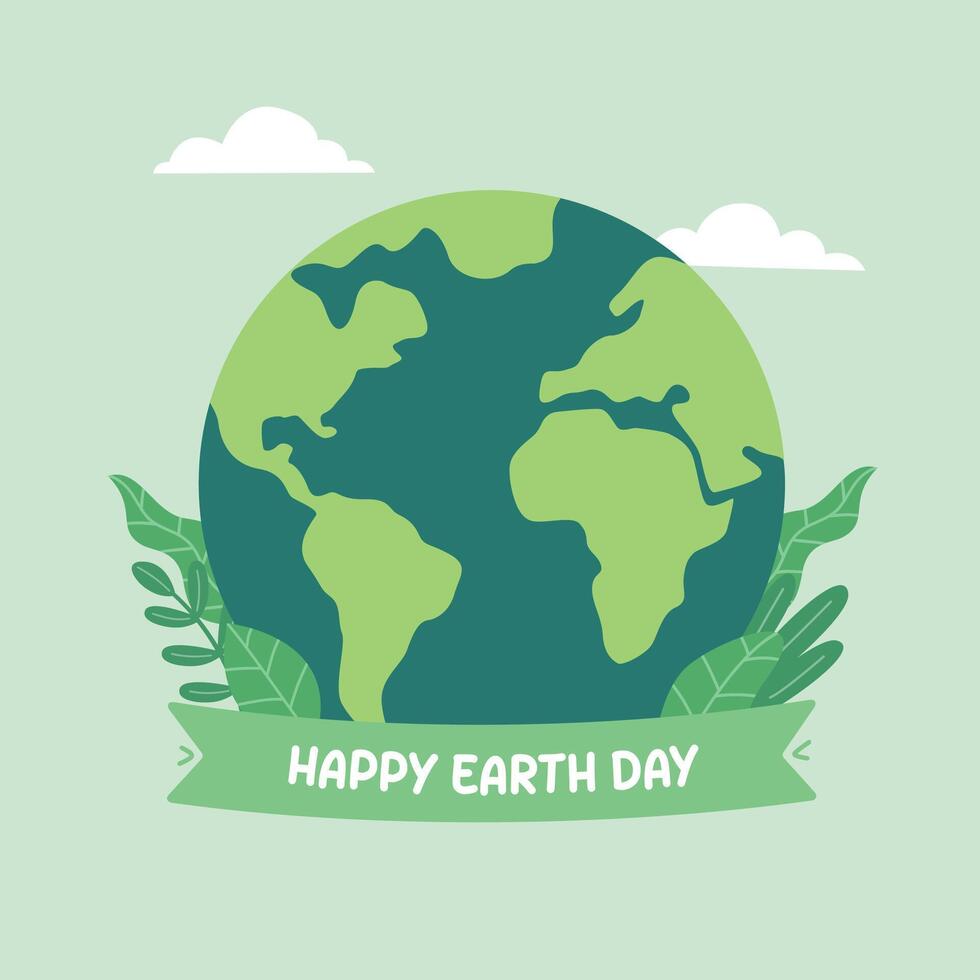 World earth day cloud with ribbon banner and plant flat design illustration vector