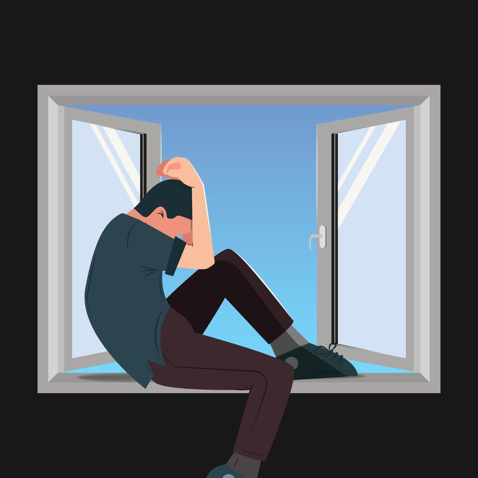 Depressed man thinking over problems sitting at the open window illustration vector