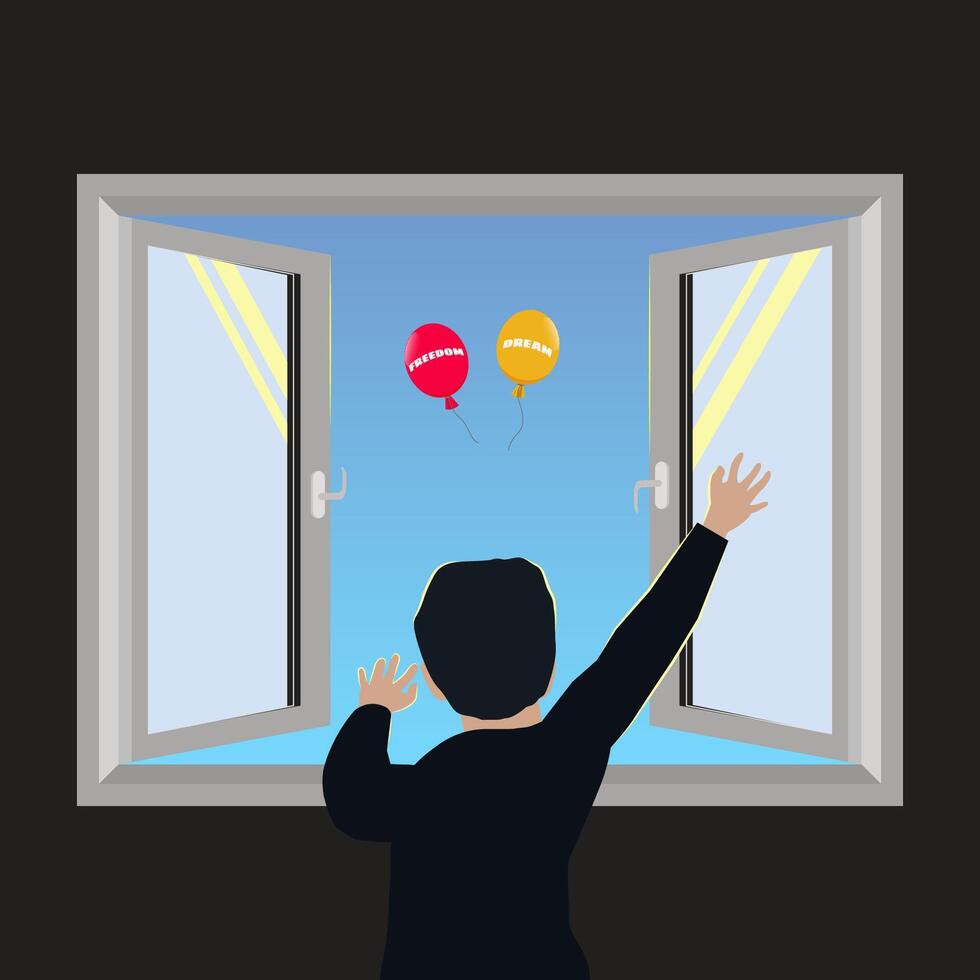 Boy open the window and sees two balloons freedom and dream vector