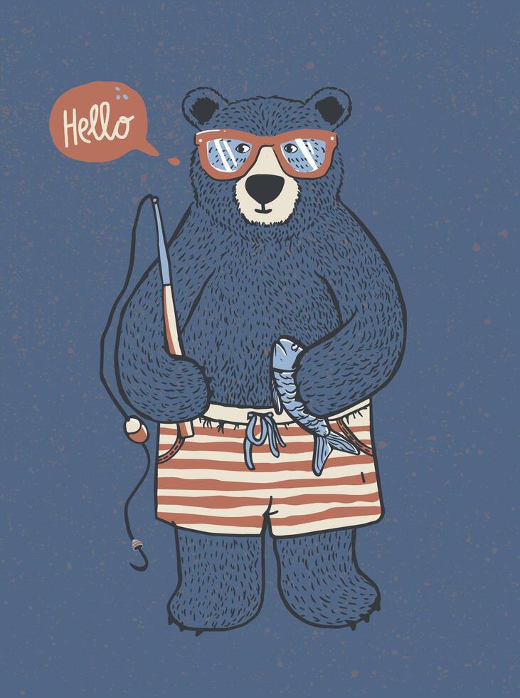 A cute illustration of a bear holding a fish it just caught. Suitable for children's designs, both boys and girls. vector