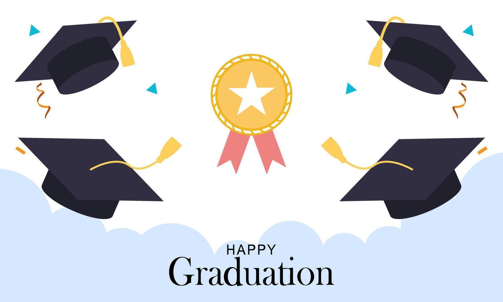 Graduation banner with cartoon, hats stars and diplomas flying vector