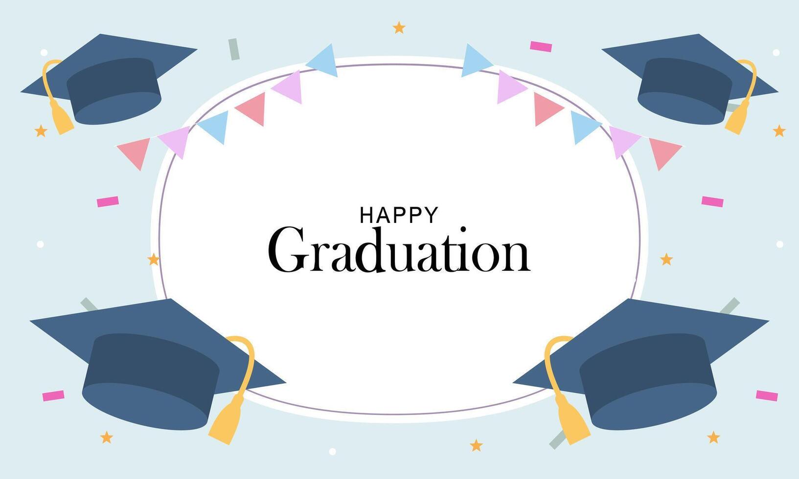 Graduation banner with cartoon, hats stars and diplomas flying vector