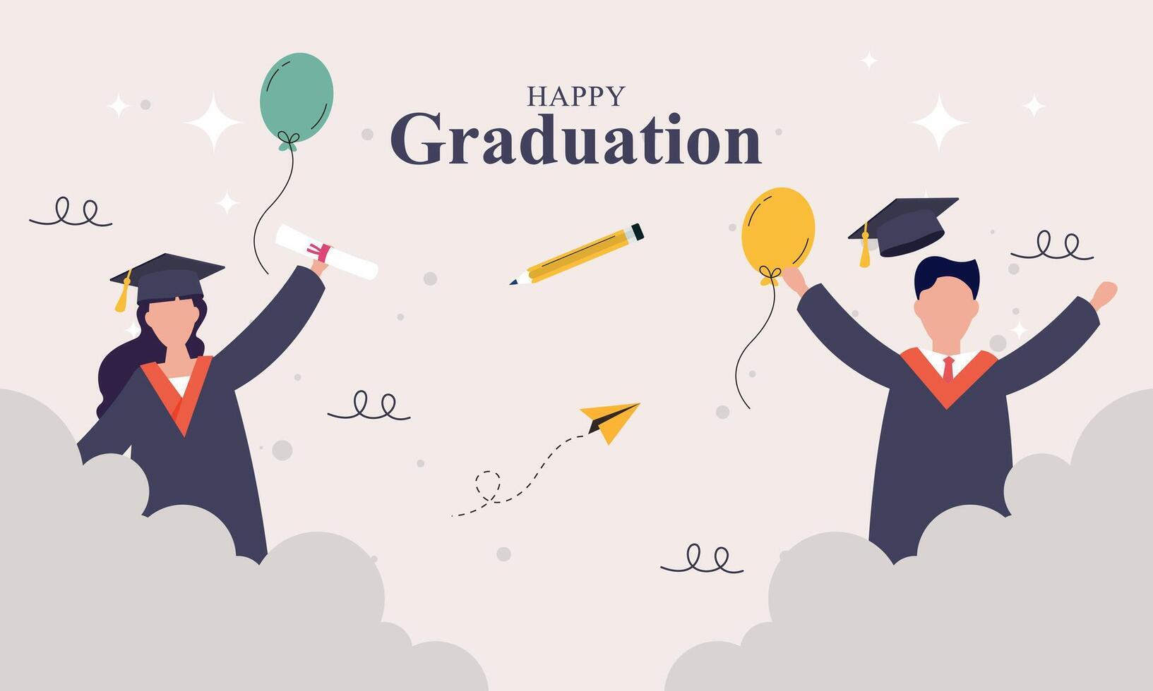 Graduation banner with cartoon, hats stars and diplomas flying vector