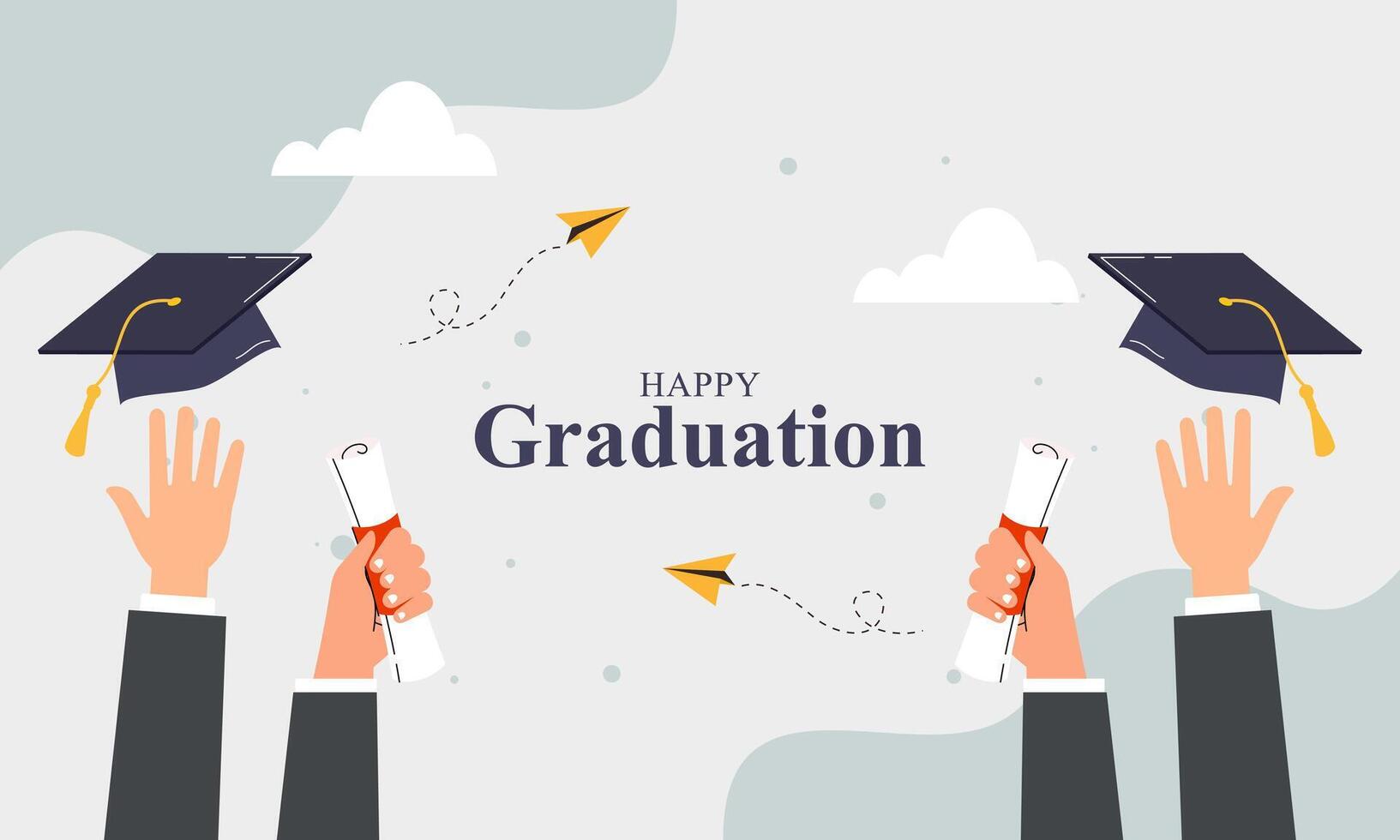 Graduation banner with cartoon, hats stars and diplomas flying vector