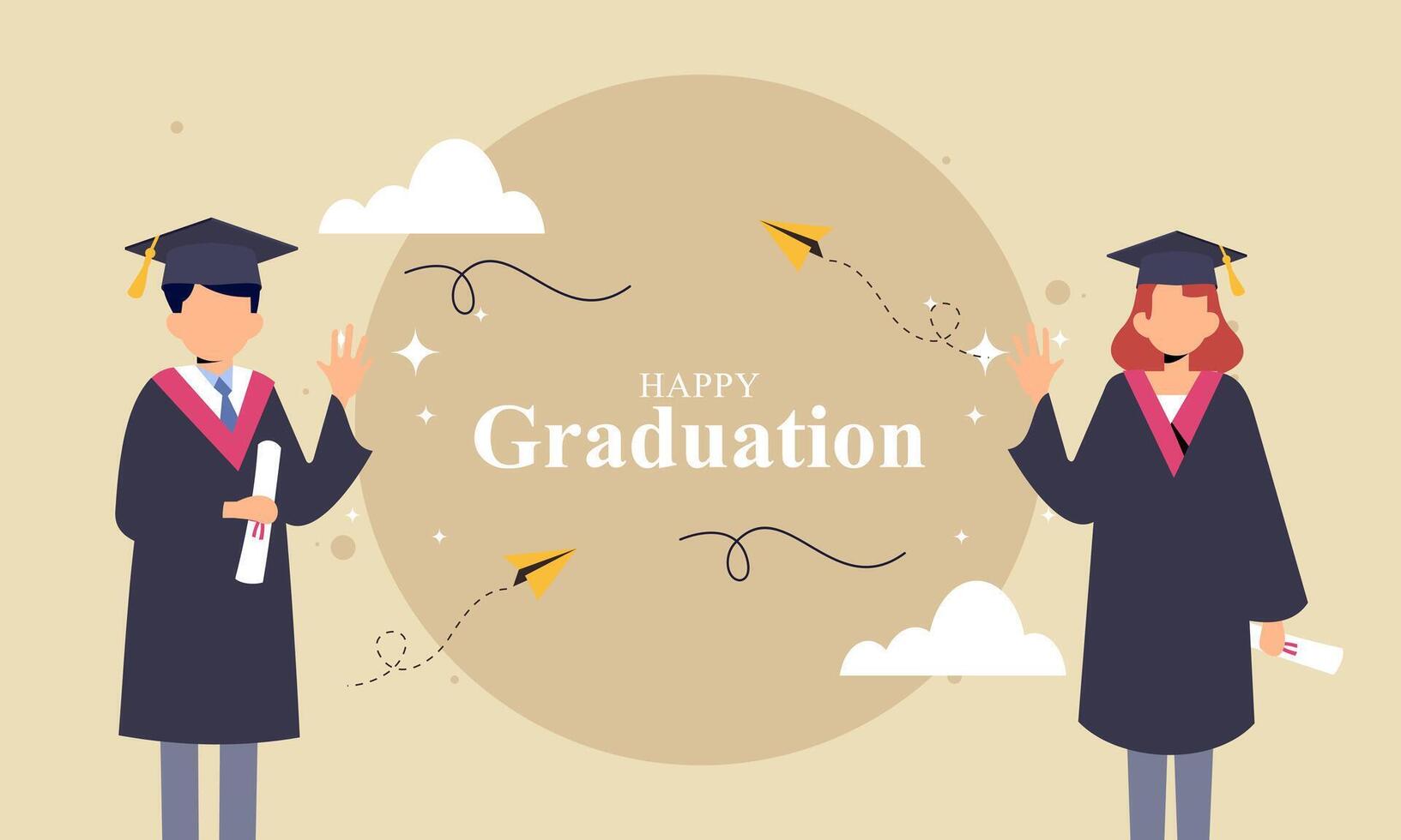 Graduation banner with cartoon, hats stars and diplomas flying vector