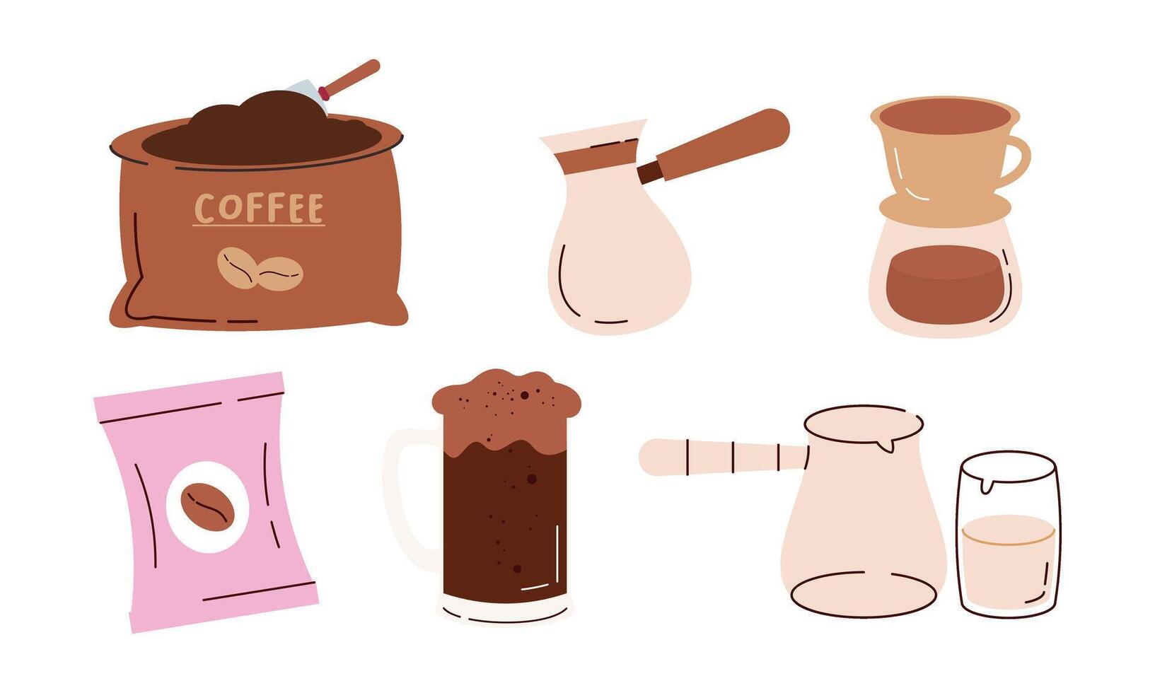 Coffee elements set. Machine, brewing tools, accessories, paper cups, glasses, beans, bags and baker vector