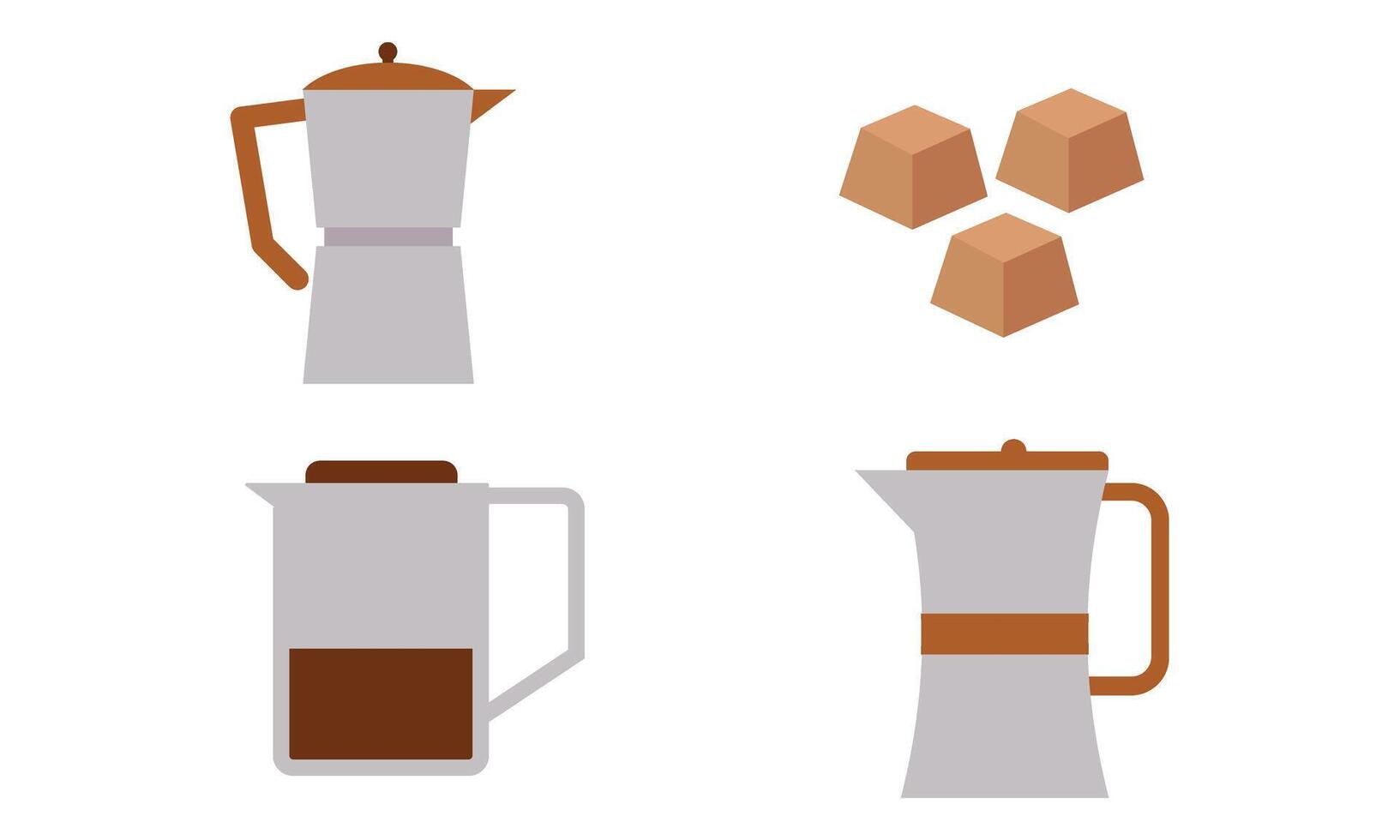 Coffee elements set. Machine, brewing tools, accessories, paper cups, glasses, beans, bags and baker vector