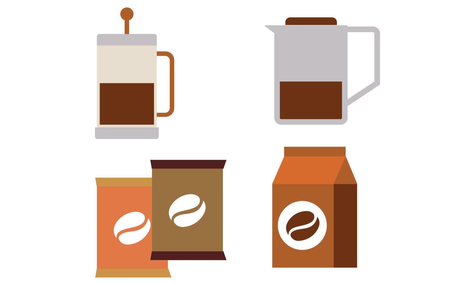 Coffee elements set. Machine, brewing tools, accessories, paper cups, glasses, beans, bags and baker vector