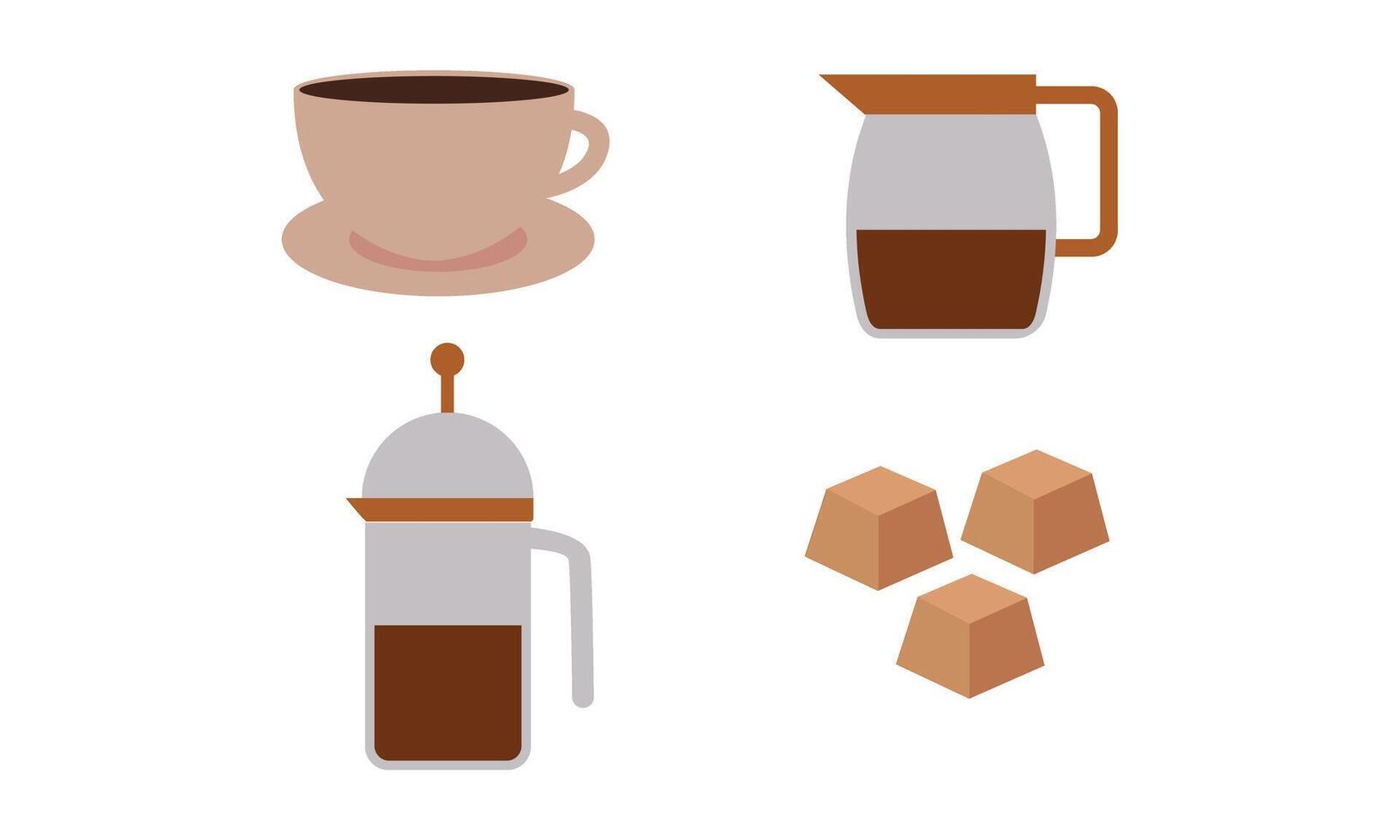 Coffee elements set. Machine, brewing tools, accessories, paper cups, glasses, beans, bags and baker vector
