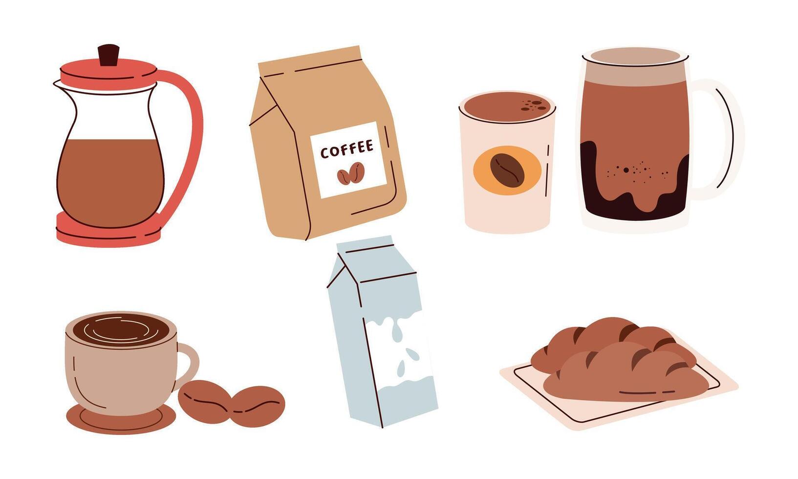 Coffee elements set. Machine, brewing tools, accessories, paper cups, glasses, beans, bags and baker vector