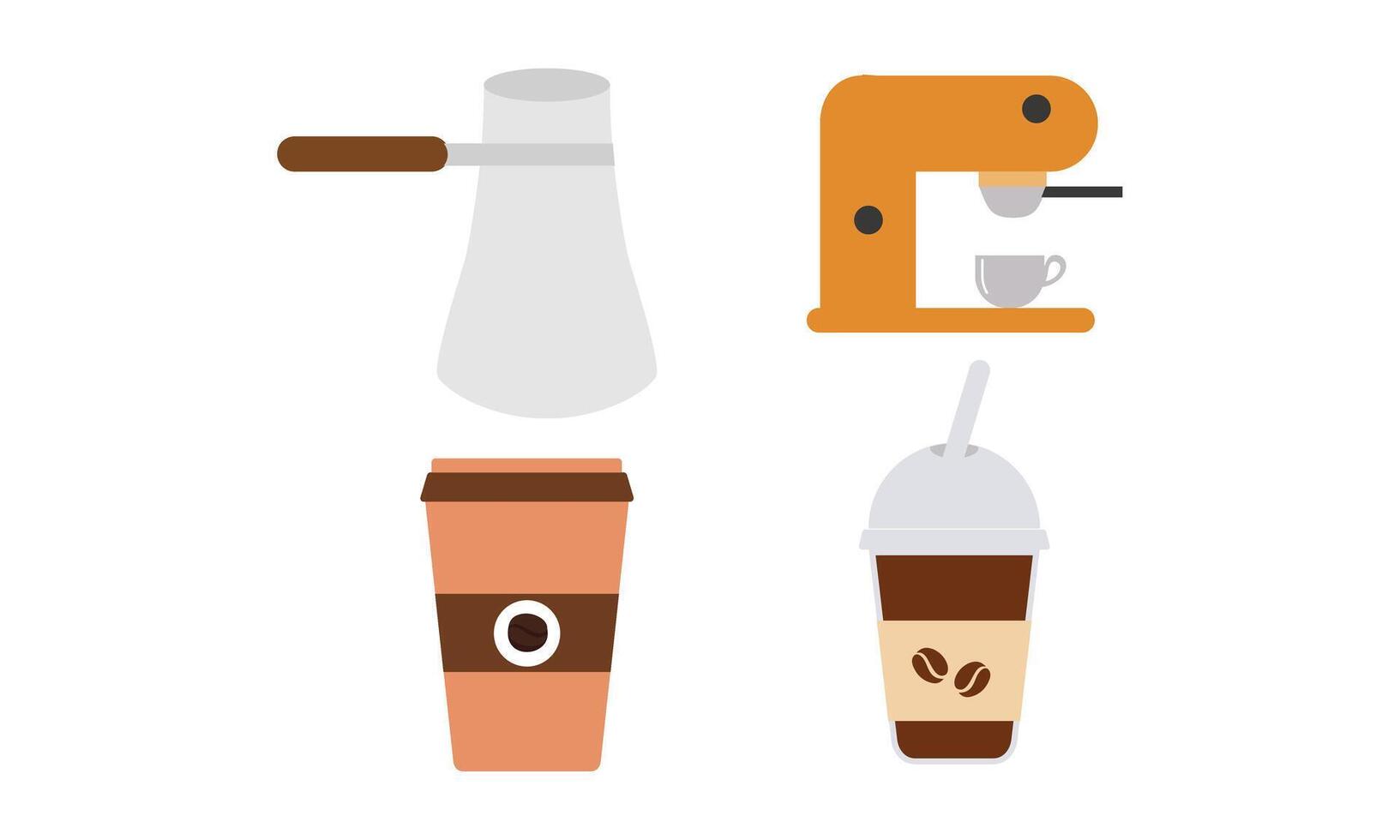 Coffee elements set. Machine, brewing tools, accessories, paper cups, glasses, beans, bags and baker vector
