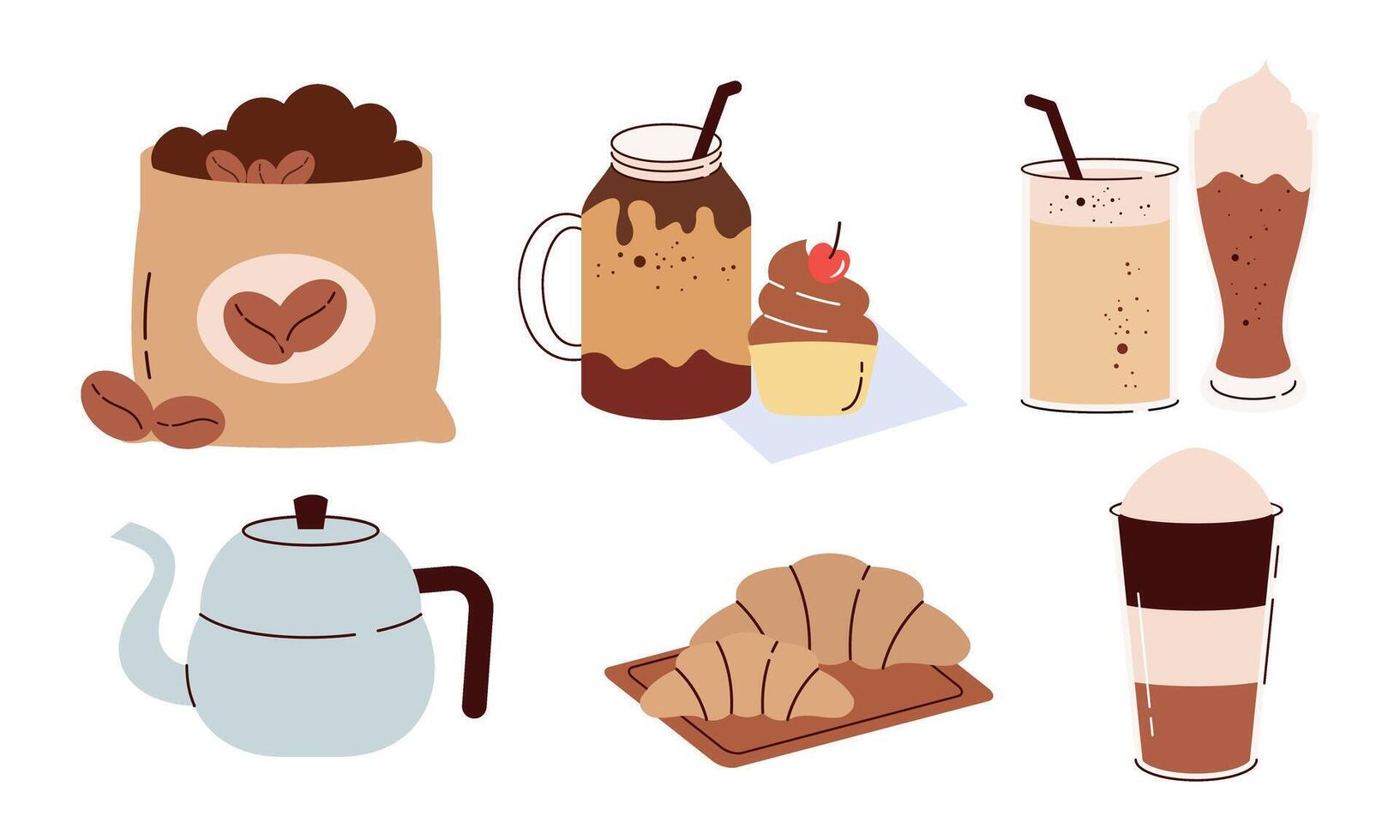 Coffee elements set. Machine, brewing tools, accessories, paper cups, glasses, beans, bags and baker vector