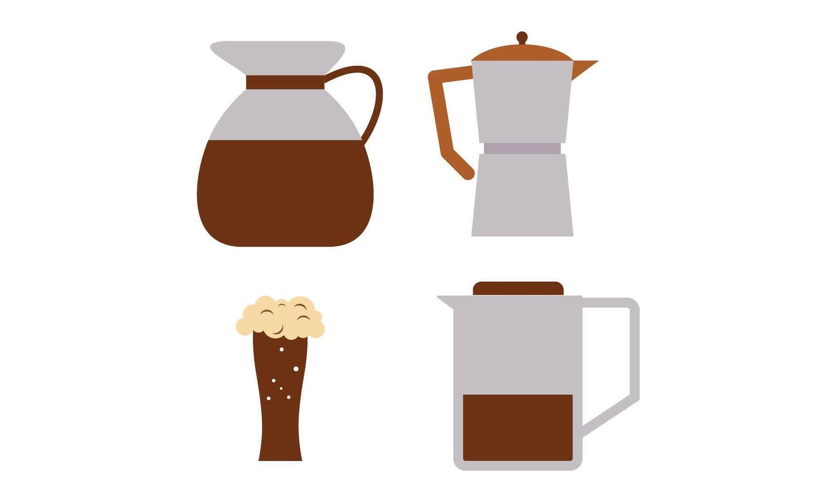 Coffee elements set. Machine, brewing tools, accessories, paper cups, glasses, beans, bags and baker vector