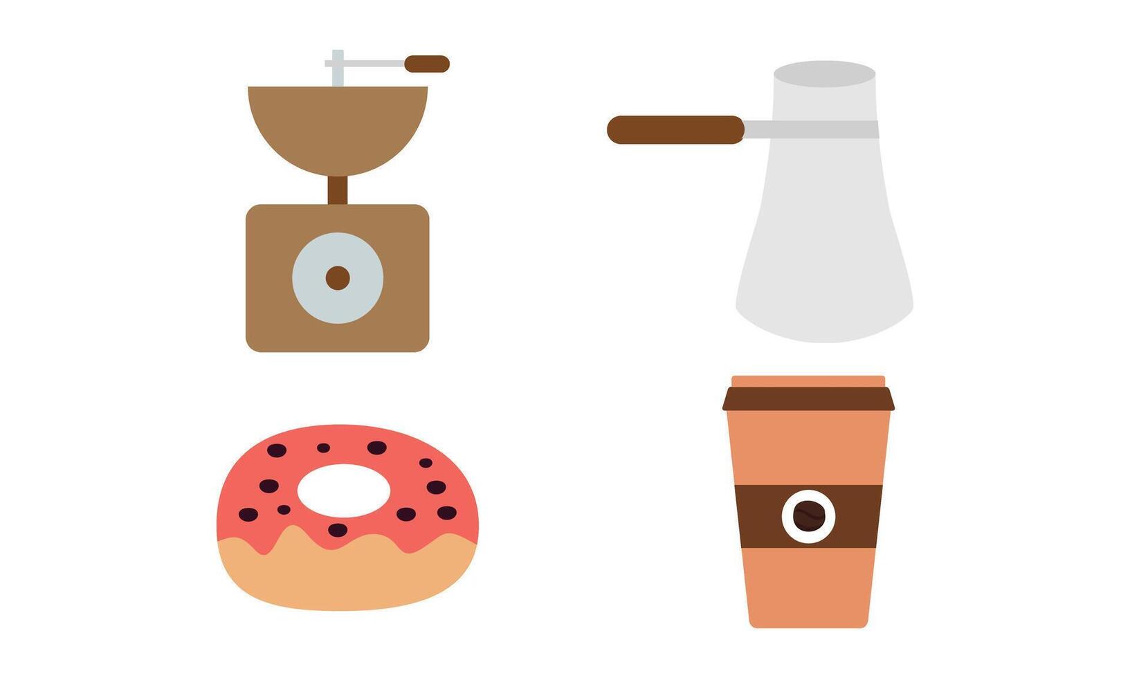 Coffee elements set. Machine, brewing tools, accessories, paper cups, glasses, beans, bags and baker vector