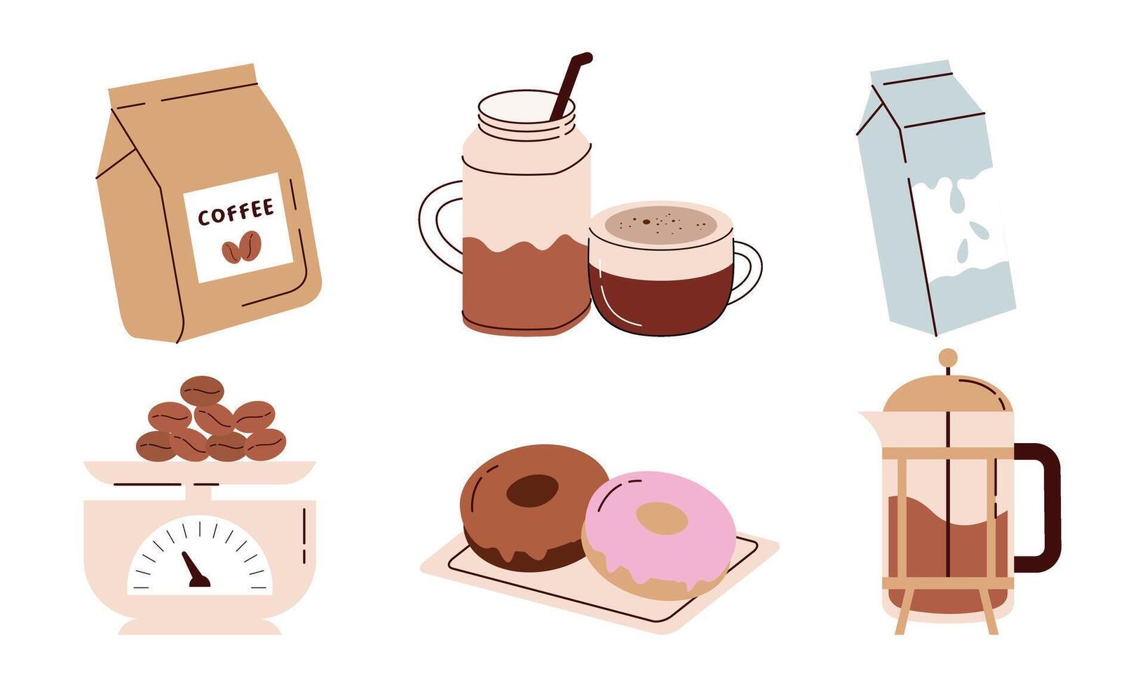 Coffee elements set. Machine, brewing tools, accessories, paper cups, glasses, beans, bags and baker vector