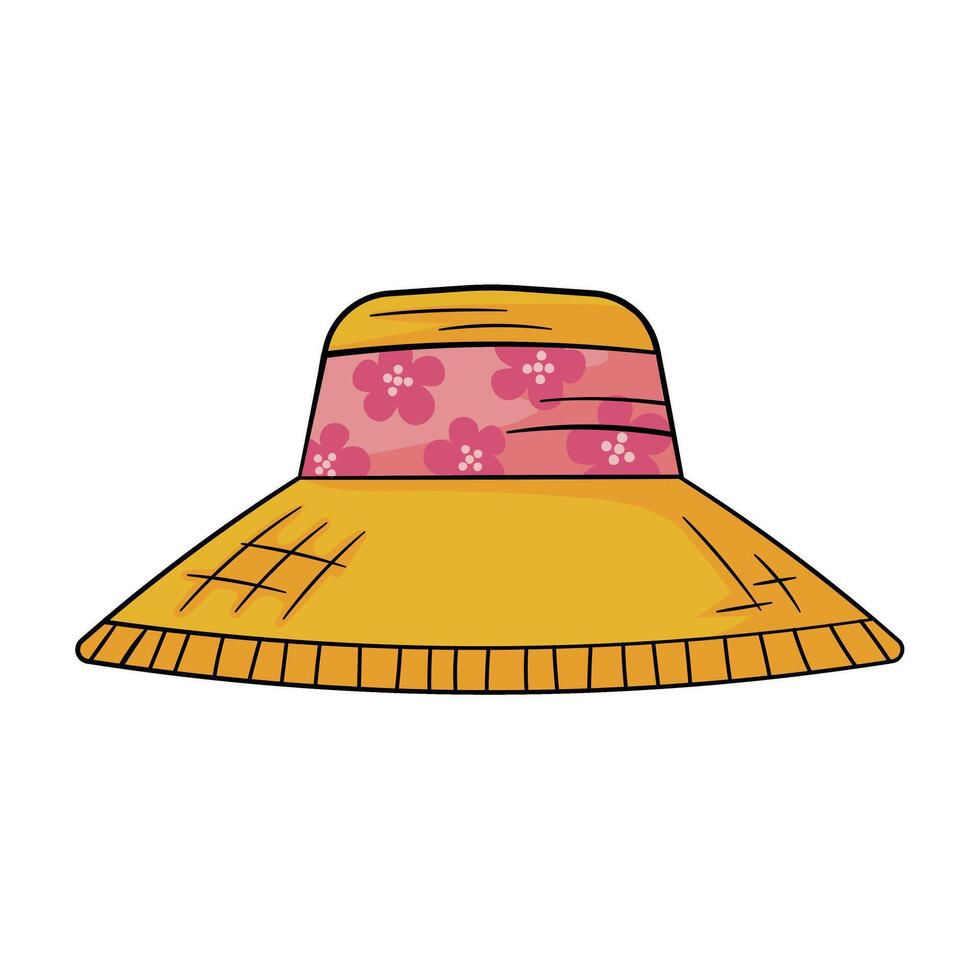 Female summer hat with floral pattern for beach in cartoon style vector