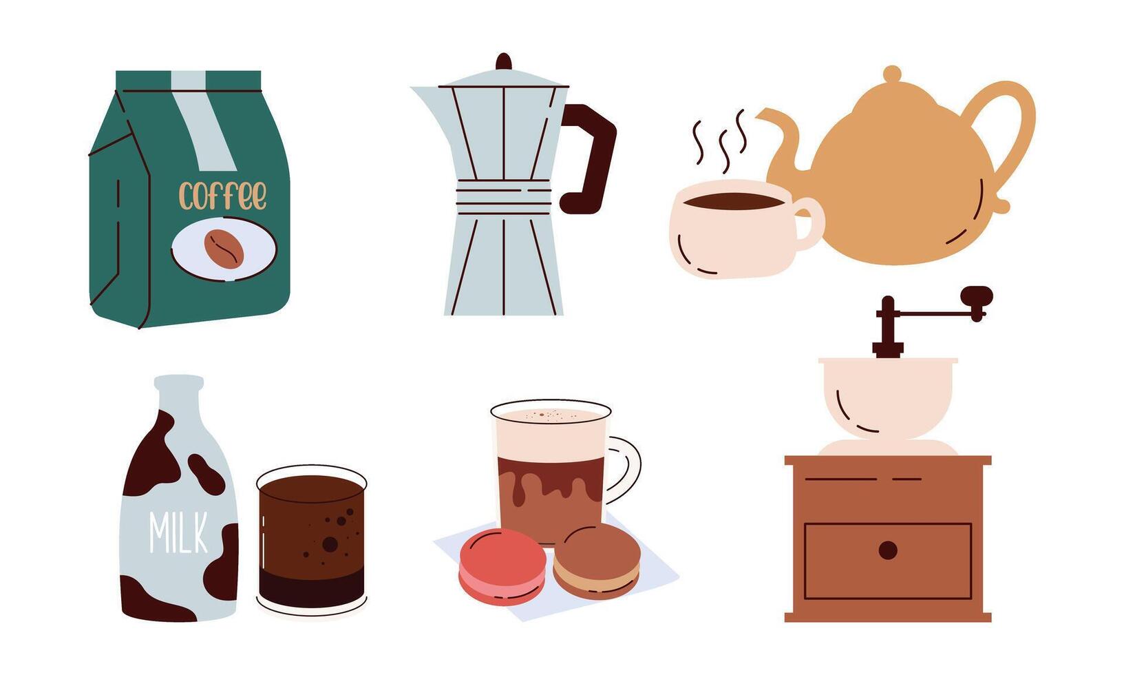 Coffee elements set. Machine, brewing tools, accessories, paper cups, glasses, beans, bags and baker vector
