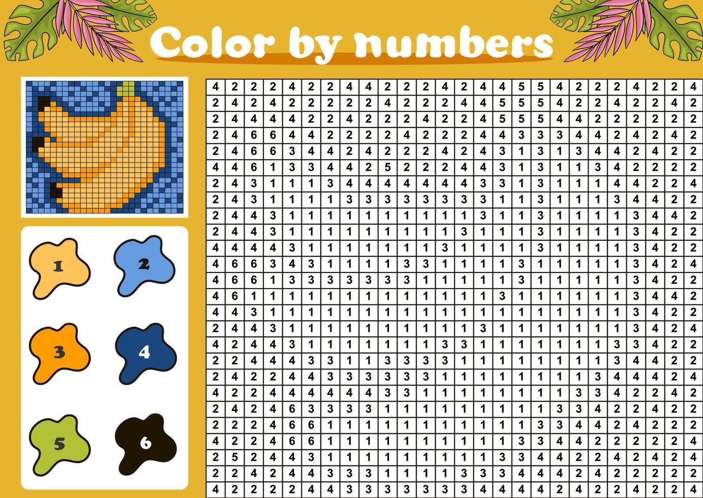 Color by number or pixel coloring page with tropical banana fruit vector