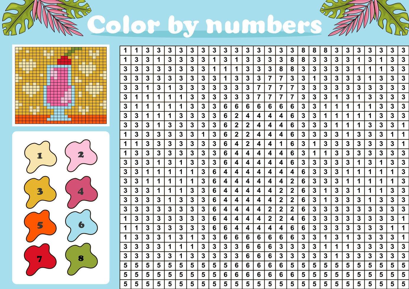 Color by number or pixel coloring page with summer sweet cocktail vector
