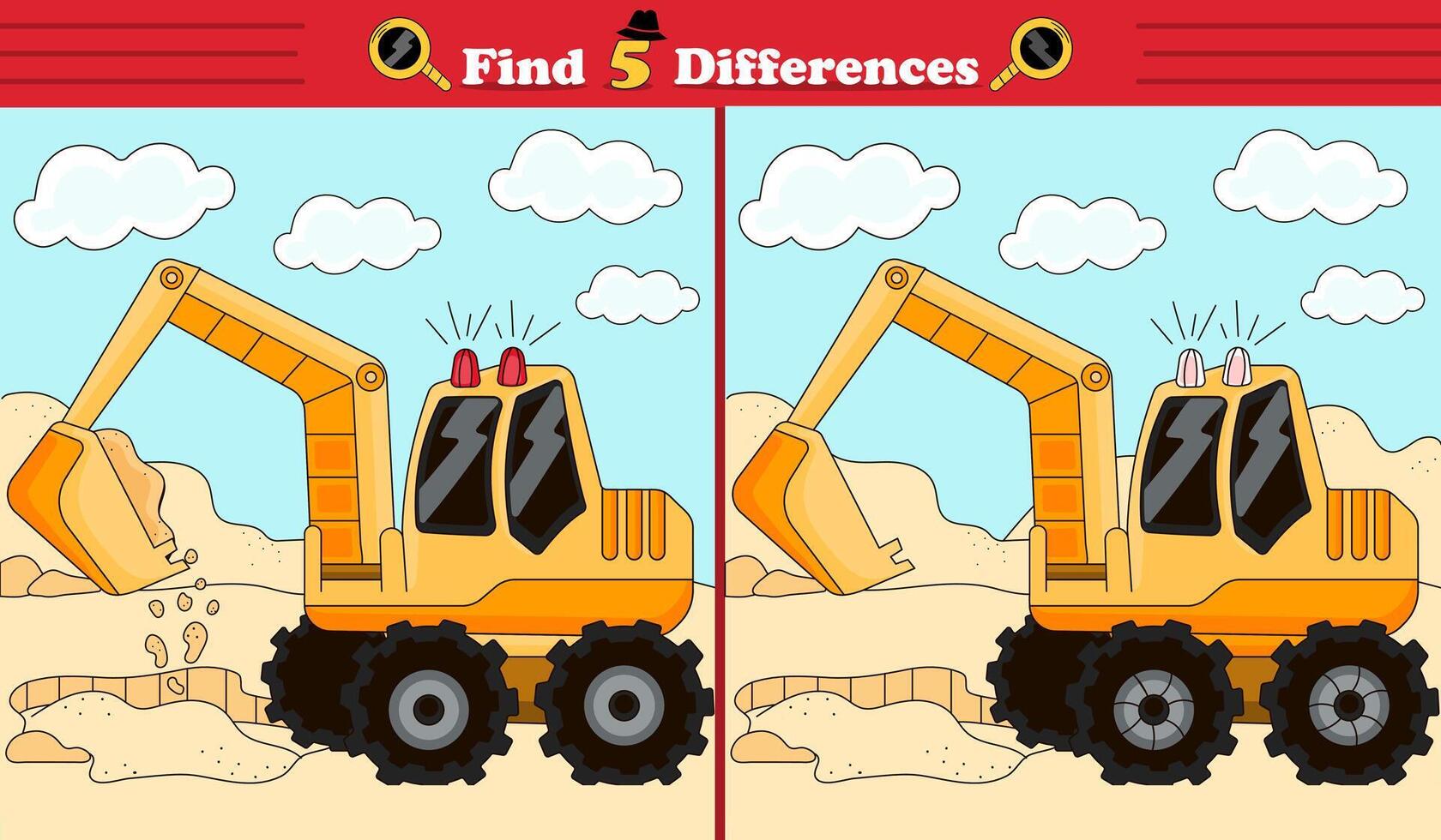 Find 5 differences game for children with yellow track-type excavator vector