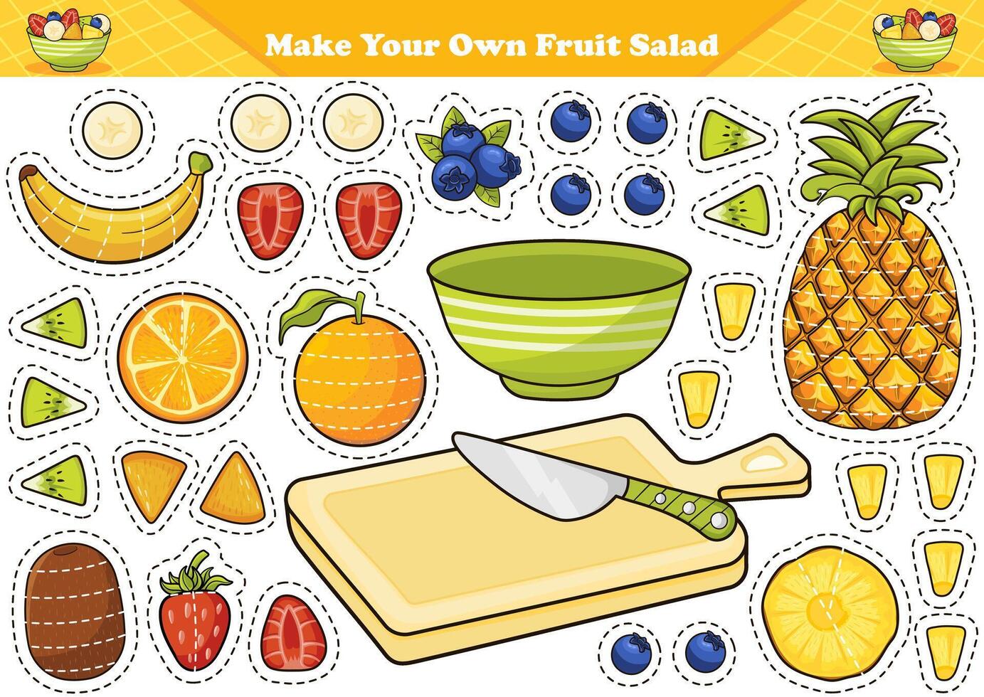 Printable activity for kids make your own fruit salad vector