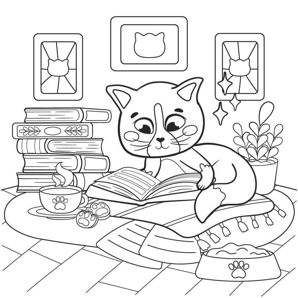 Coloring page for kids with kawaii cat character reading book vector
