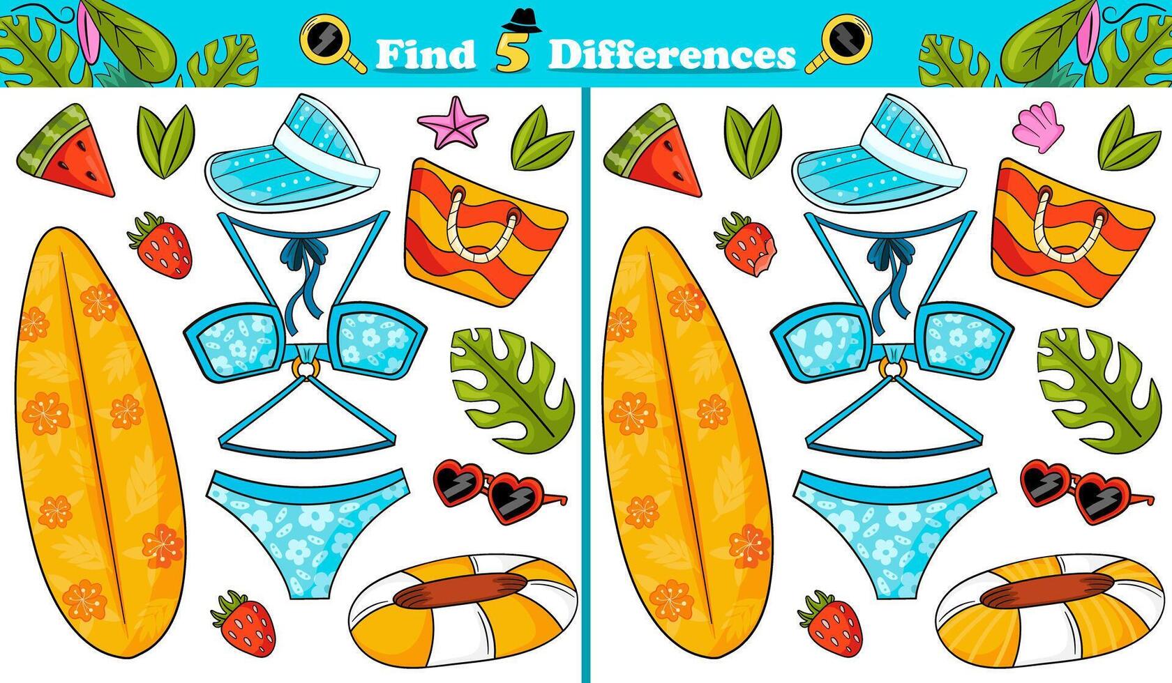 Find 5 differences game with cute blue beach swimsuit vector
