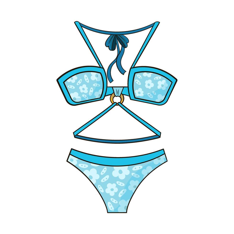 Colorful summer baby blue swimsuit with metal circle halter top with floral pattern vector