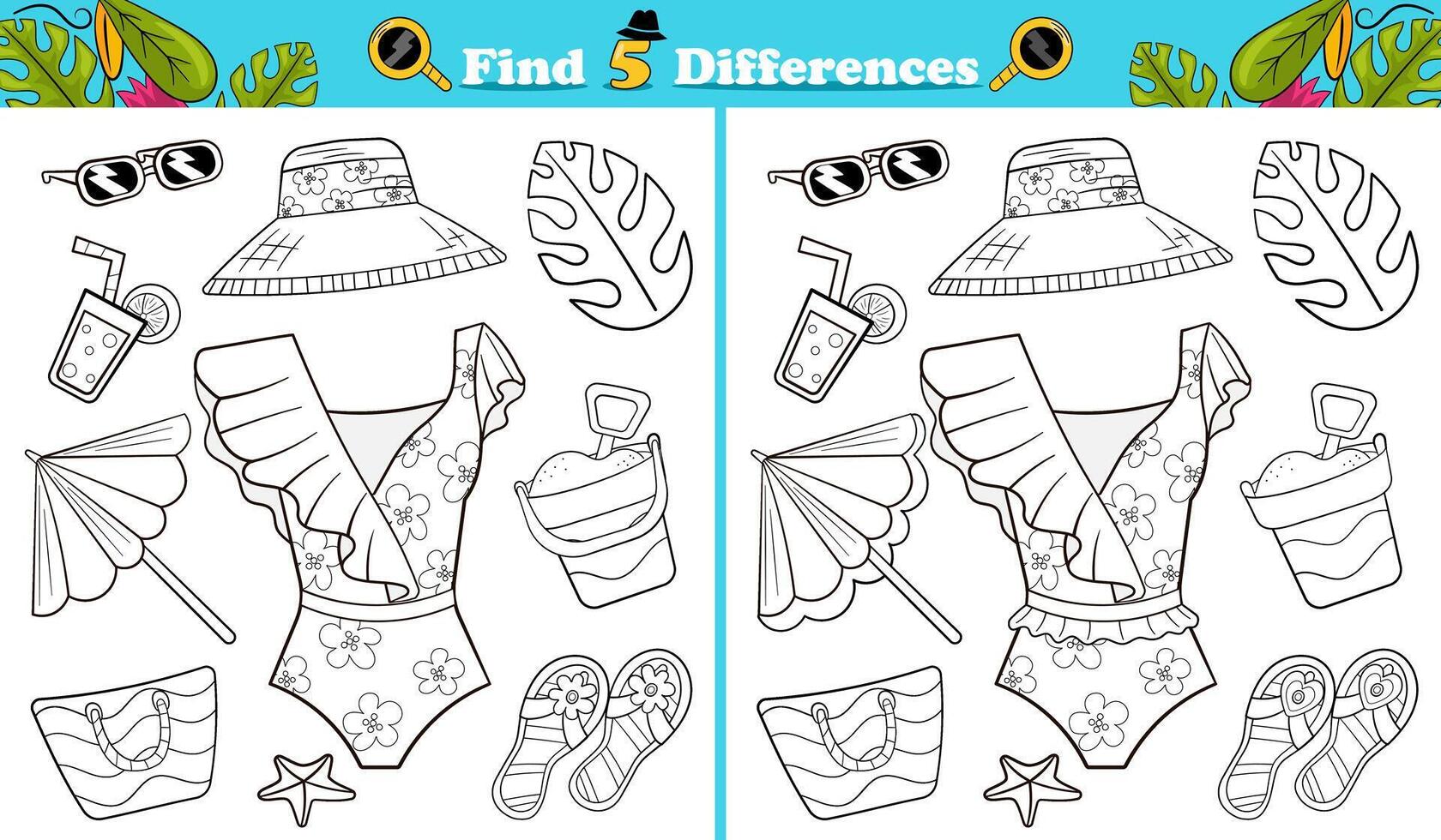 Coloring page find 5 differences game for children with summer themed objects vector