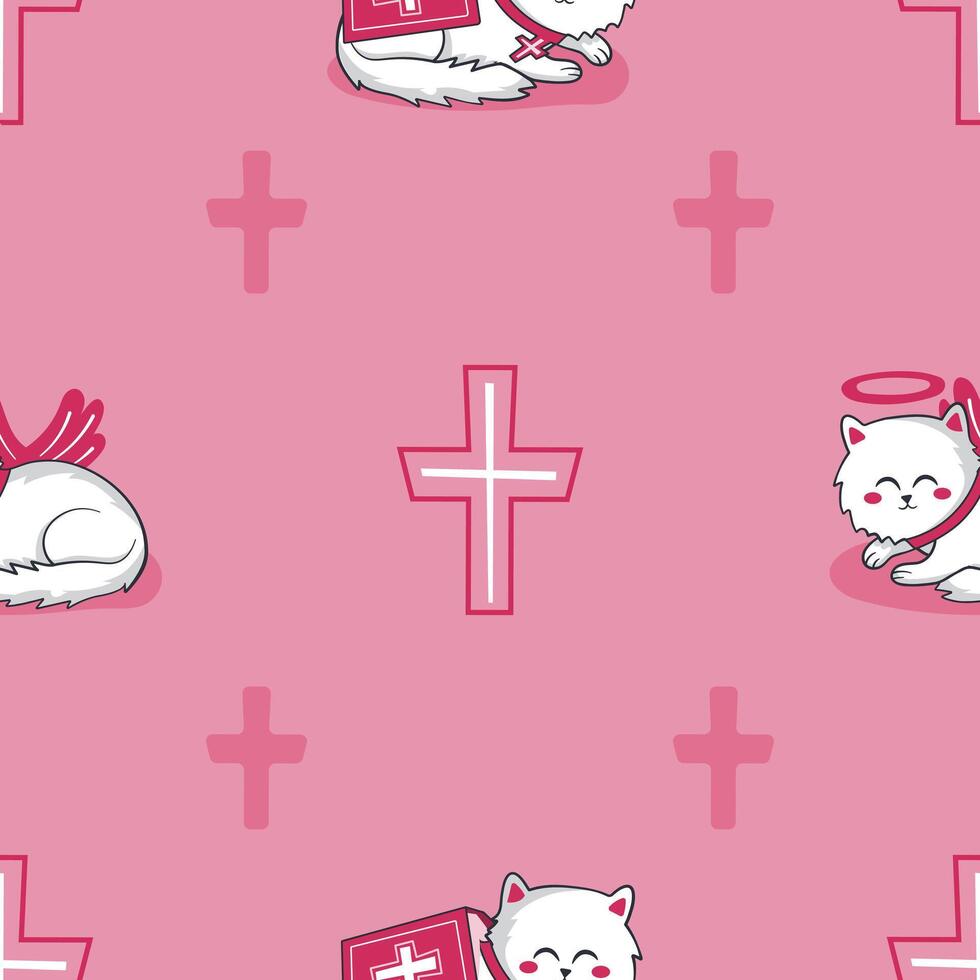 Pastel pink seamless pattern with cute religious cats vector