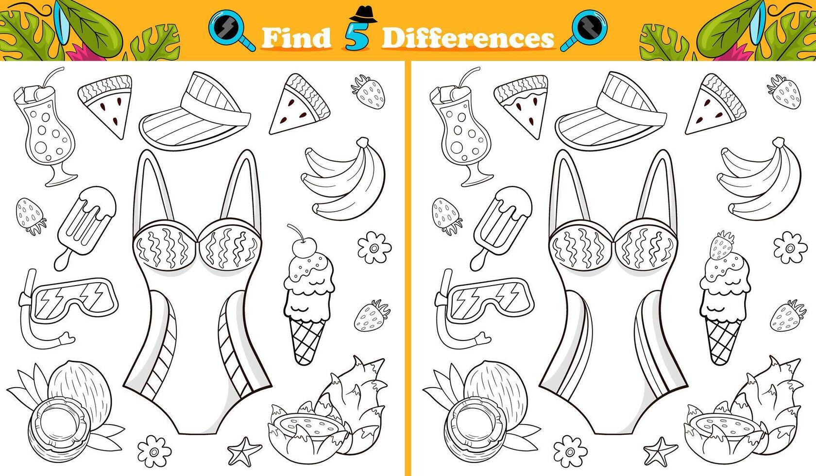 Black and white coloring page find 5 differences game for children with summer objets vector