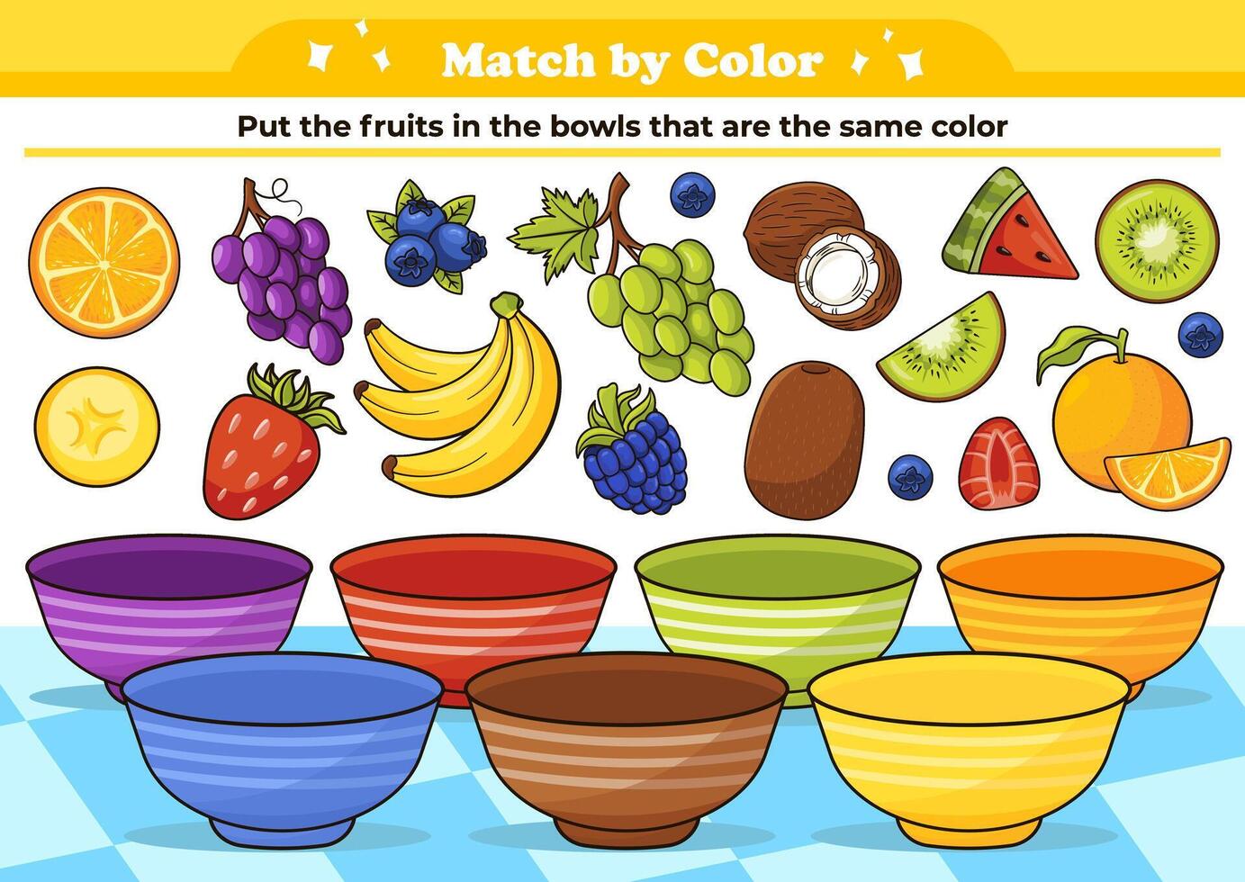 Matching by color printable activity for kids with summer fruits vector