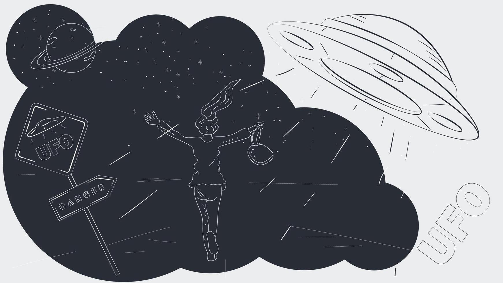 contoured black and white illustration of a girl with a handbag in her hands waving at a passing UFO vector