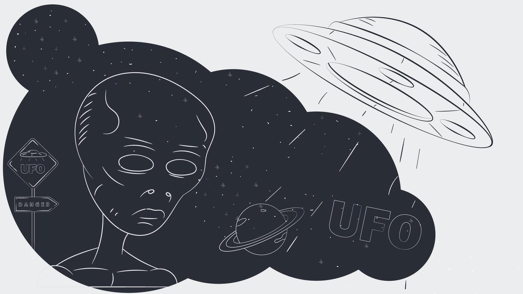 contour black and white illustration portrait of an alien on the background of a flying UFO vector