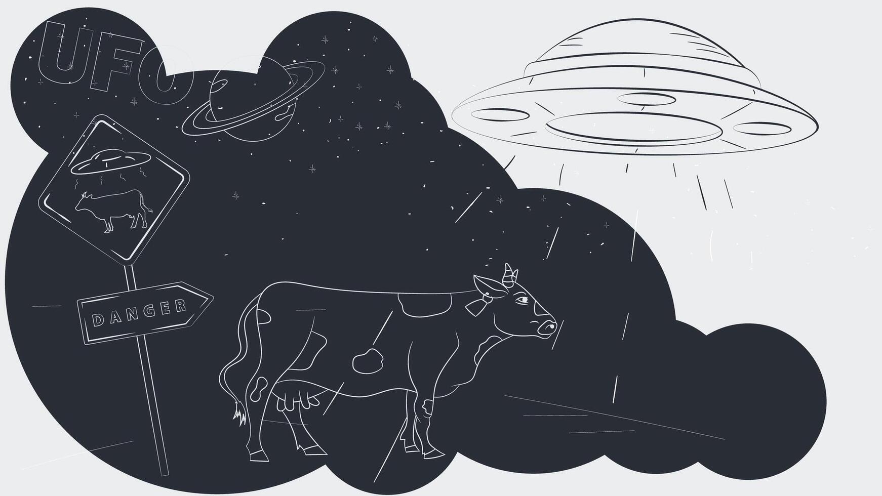 Contoured black and white illustration of a UFO abducting a cow next to a road sign vector