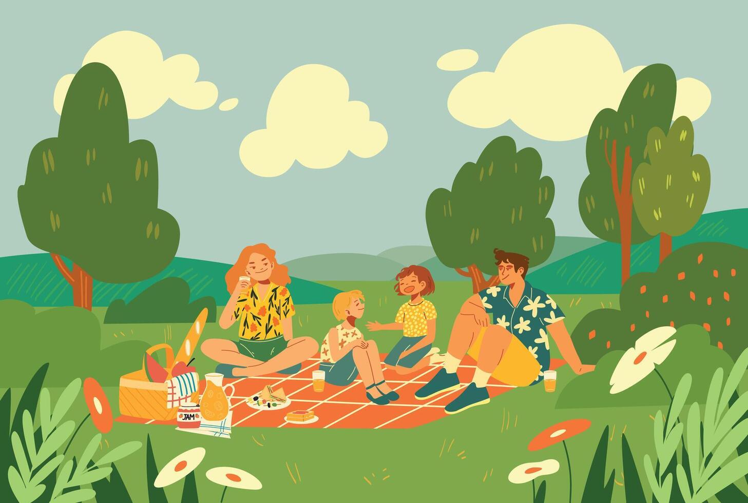 Illustration of a family picnic. Dad, mom and daughter are relaxing in nature. Parents and children on vacation. vector