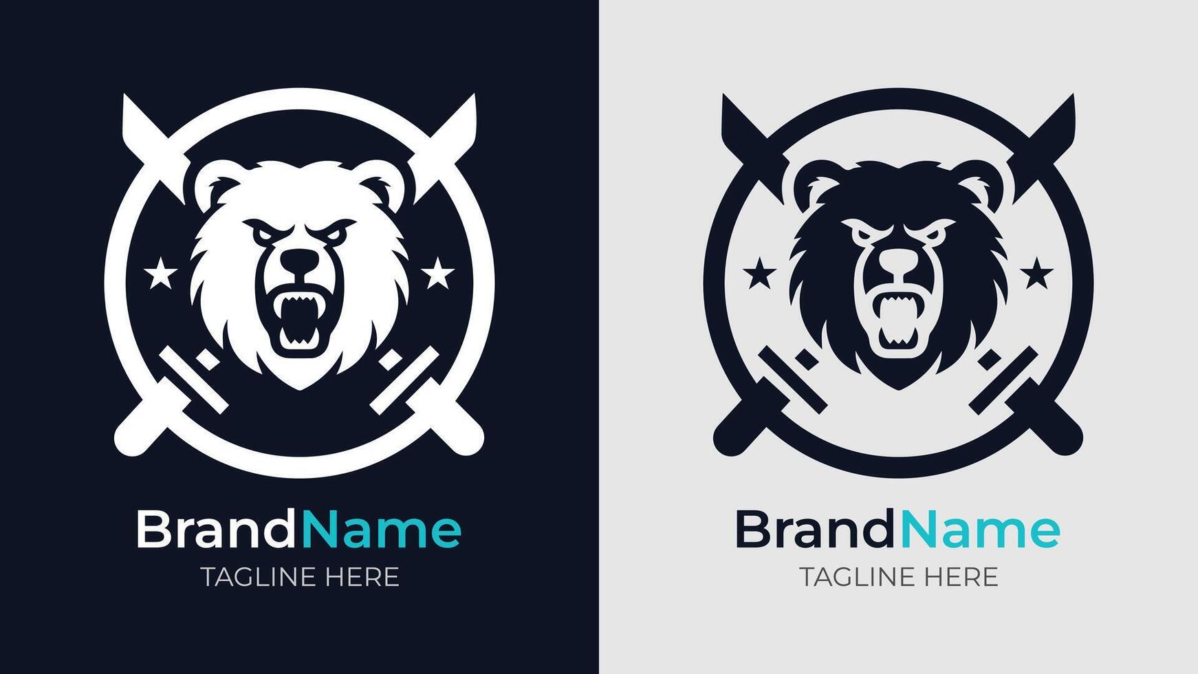 A simple black and white silhouette logo of an angry bear head with open mouth, showing fangs and protruding tongue. Behind it, two crossed swords and a surrounding circle vector