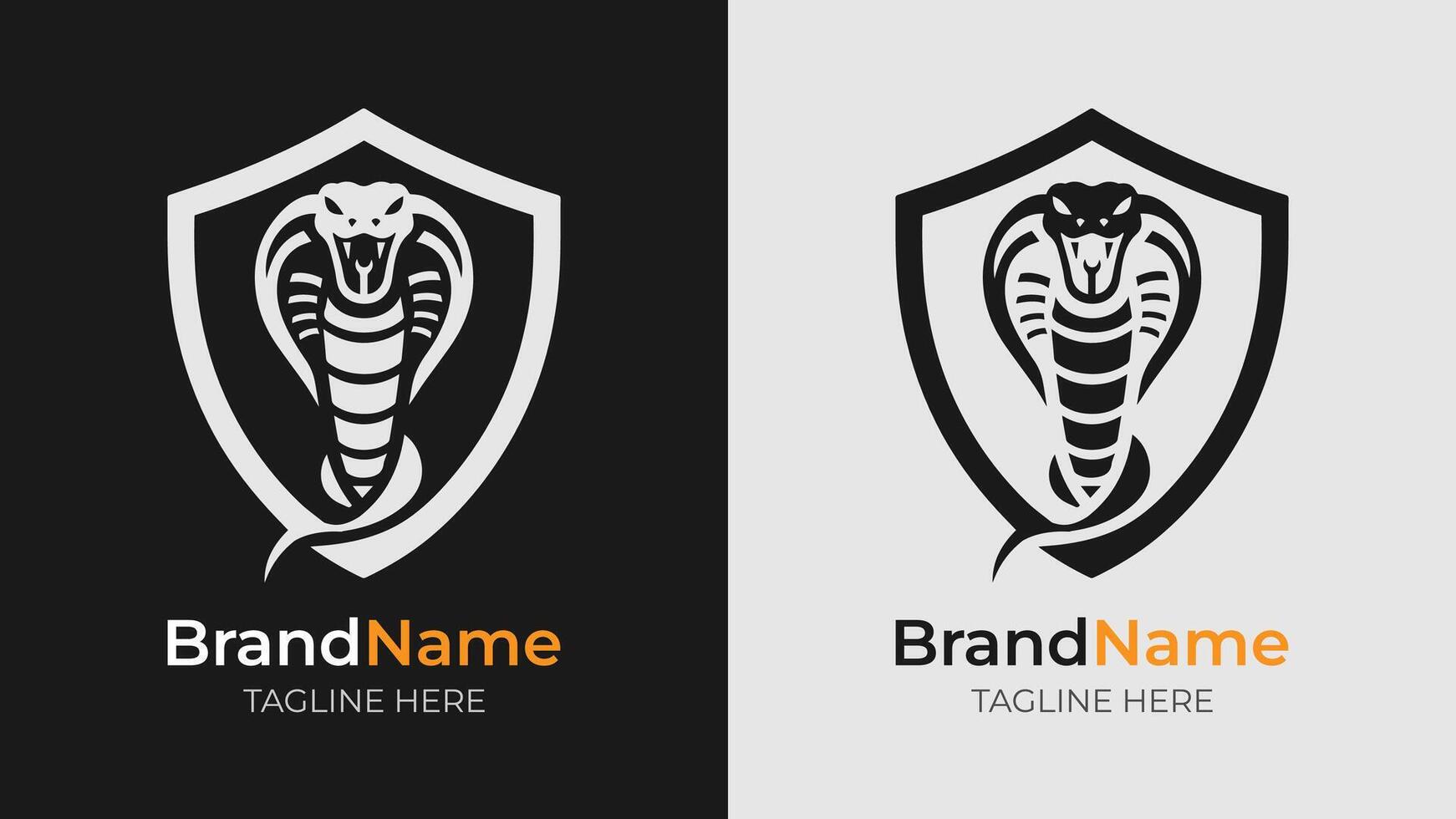 A simple black and white silhouette logo of an angry front-facing king cobra, mouth open showing fangs and protruding tongue, within a shield vector