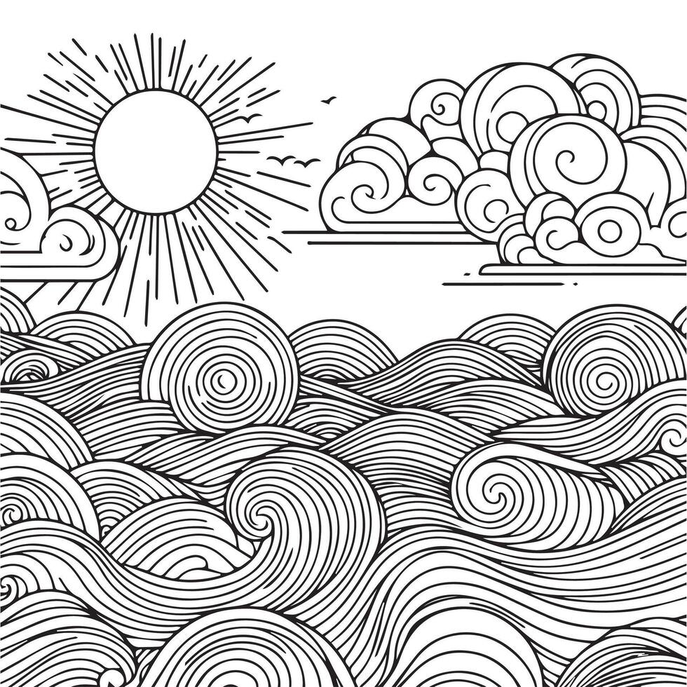 Minimal ocean waves and sun coloring book vector