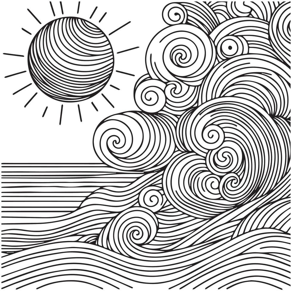 Minimal ocean waves and sun coloring book vector