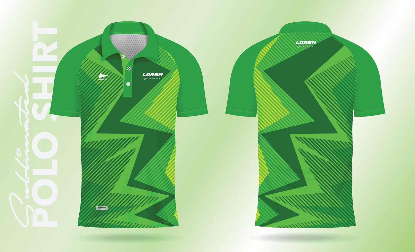 green polo shirt design for soccer jersey, football kit, sportswear. Sport uniform in front view, back view. T-shirt mockup with fabric pattern. vector