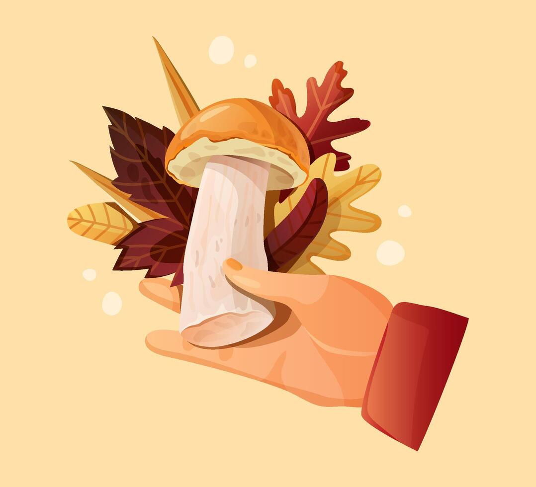 Hand Holding Mushroom with Autumn Leaves vector